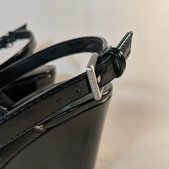 Calvin Klein BETHAN Black Strap Logo Heels 7.5 Black Wedge Patent 34E09131 Sling - Picture 3 of 12